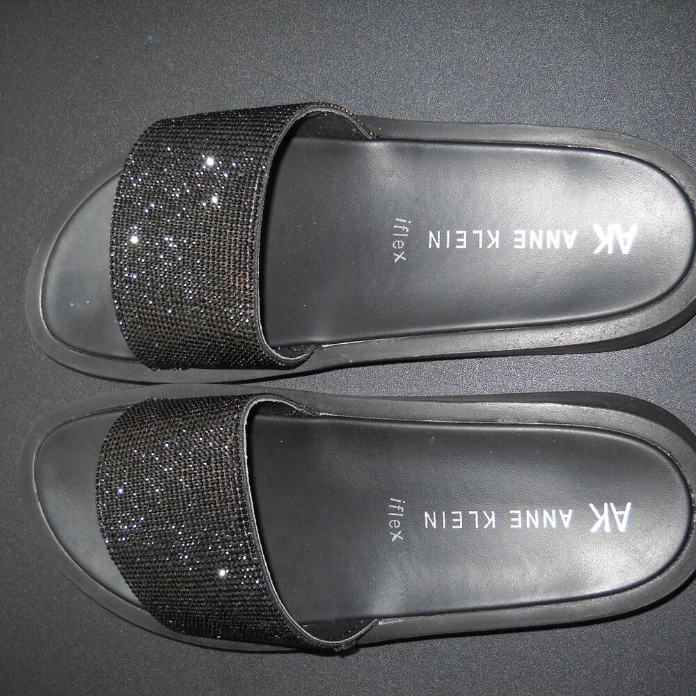 AK Anne Klein iFlex Slide Sandals Black Stone Embellished - Size 10 M